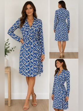Diane Von Furstenberg New Jeanne Two Wrap Dress Blue White Print Size 8